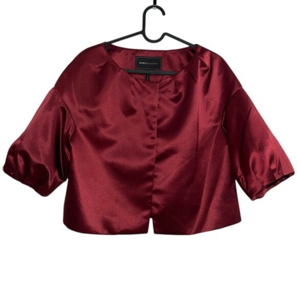 NWOT BCBGMaxAzria‎ Red Burgundy Satin Puff sleeve Evening CapeJacket Top Small - Picture 3 of 5